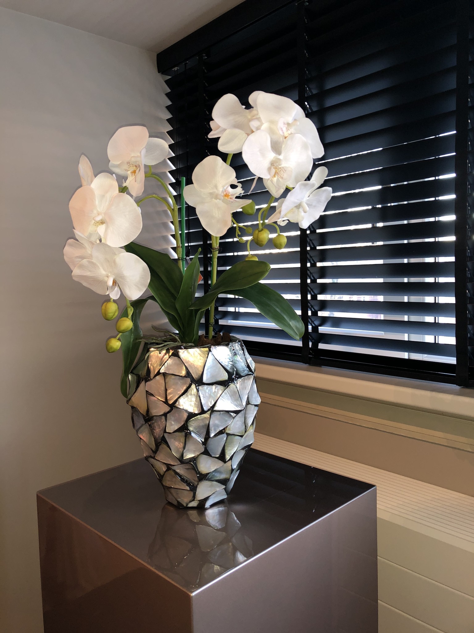 Schelpenvaas zilver met orchideeen