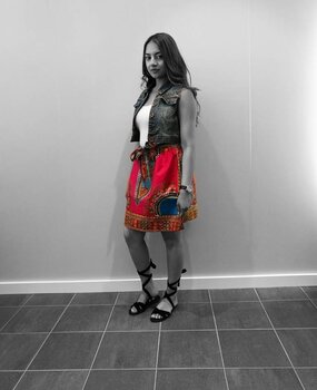 Vintage jeans giletje met roze Dashiki