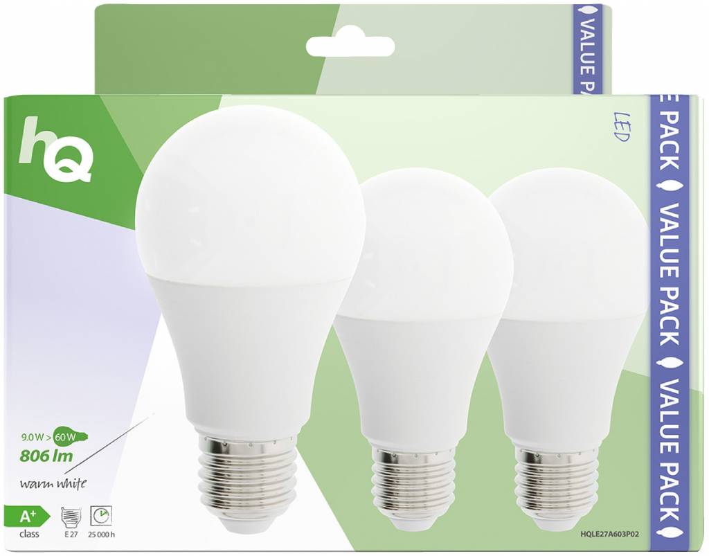 HQ E27 A60 LED Lamp 3-pack 9W (60W) - 2700 K