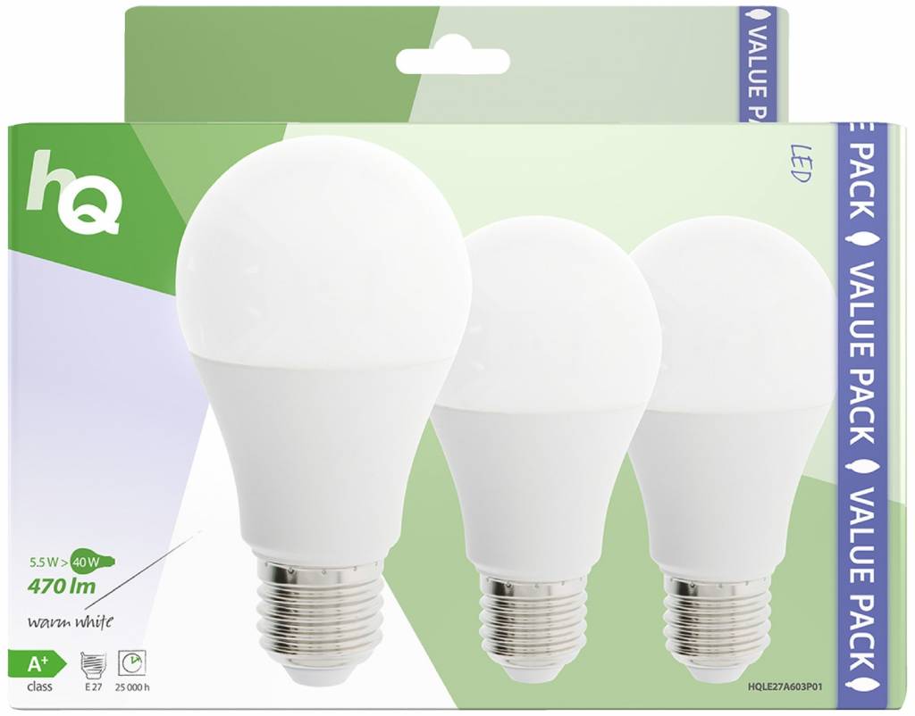 HQ E27 A60 LED Lamp 3-pack 5.5W (40W) - 2700 K