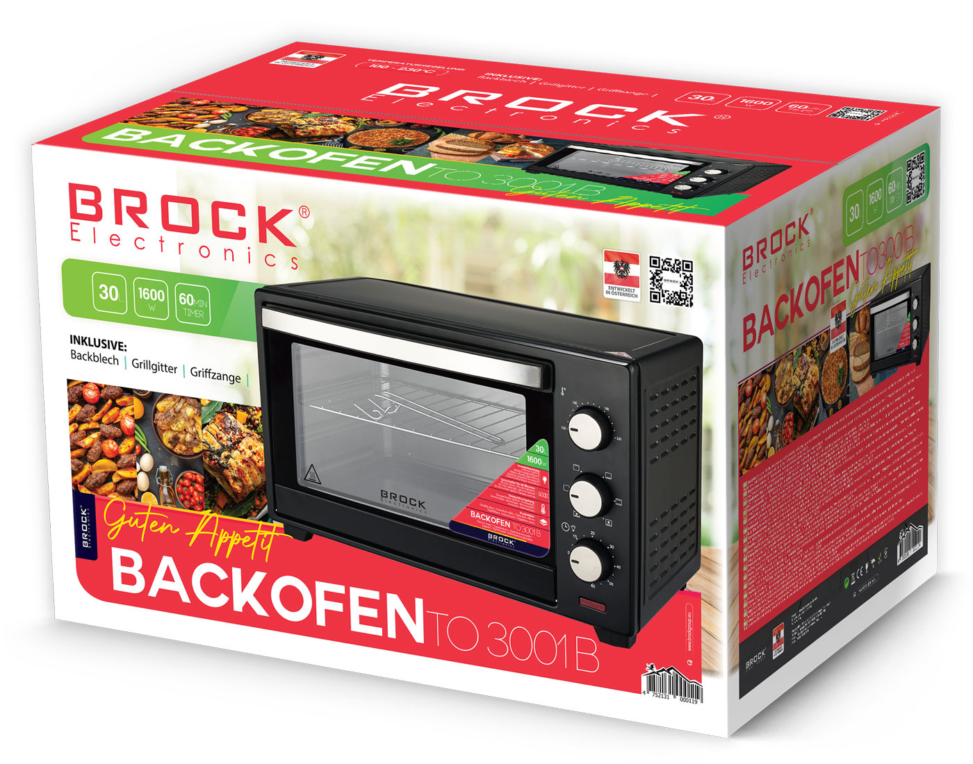 BROCK Electronics Oven TO 3001 BK (30 liter, Hetelucht, Grill, Zwart)