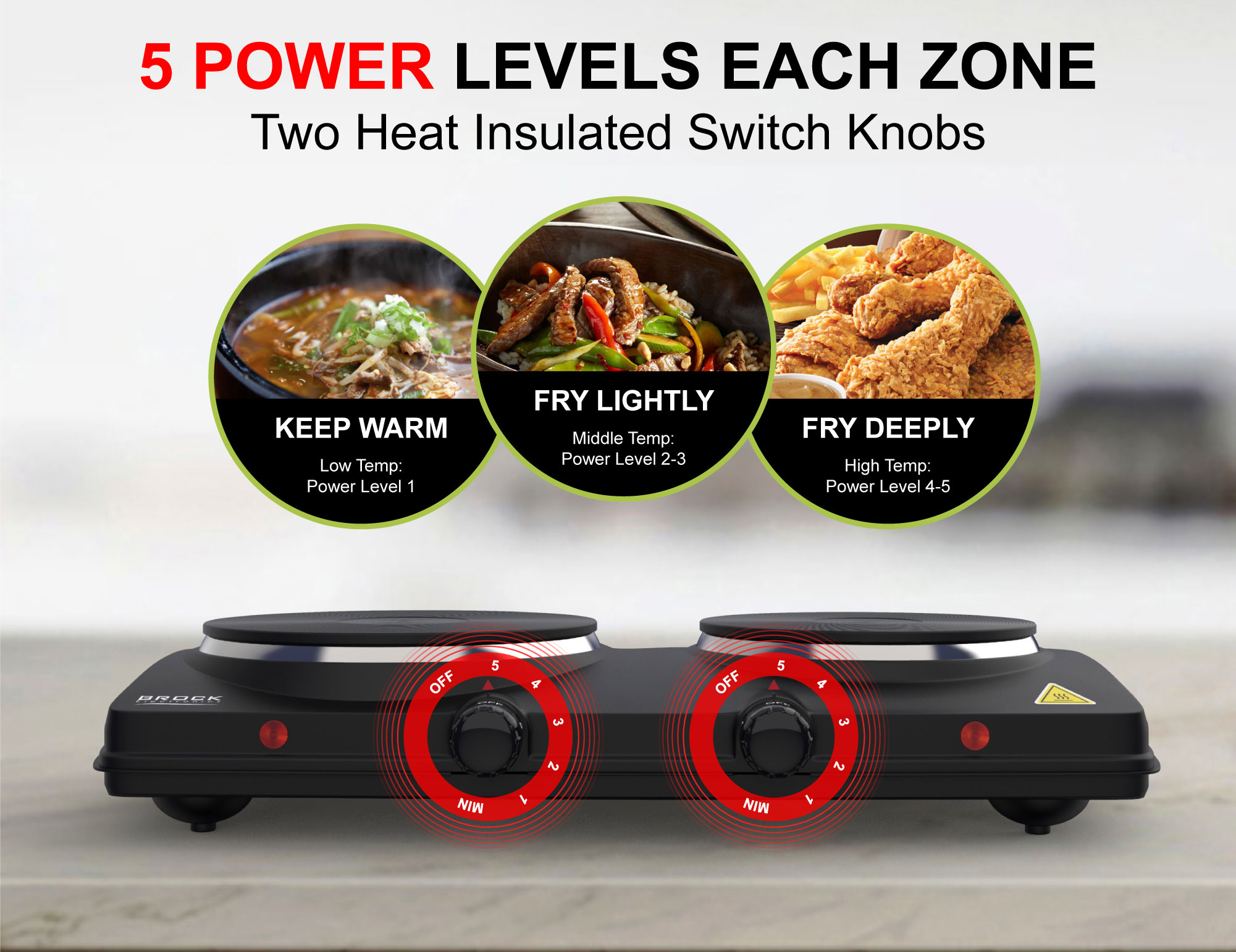 BROCK Electronics Elektrische Kookplaat EP 2000 BK (1500W + 1000W, Ø 18,5 cm + Ø 15,5 cm)