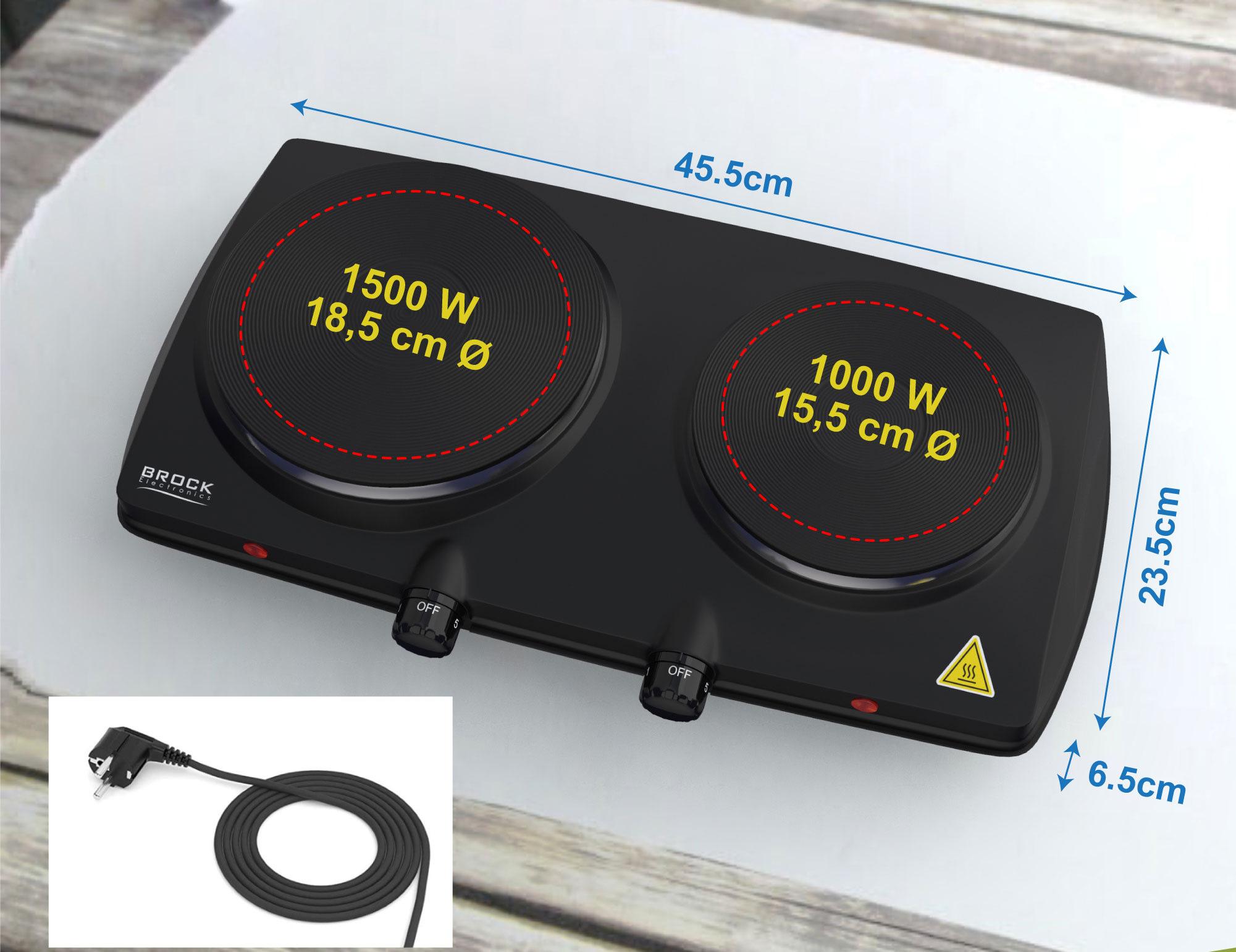 BROCK Electronics Elektrische Kookplaat EP 2000 BK (1500W + 1000W, Ø 18,5 cm + Ø 15,5 cm)