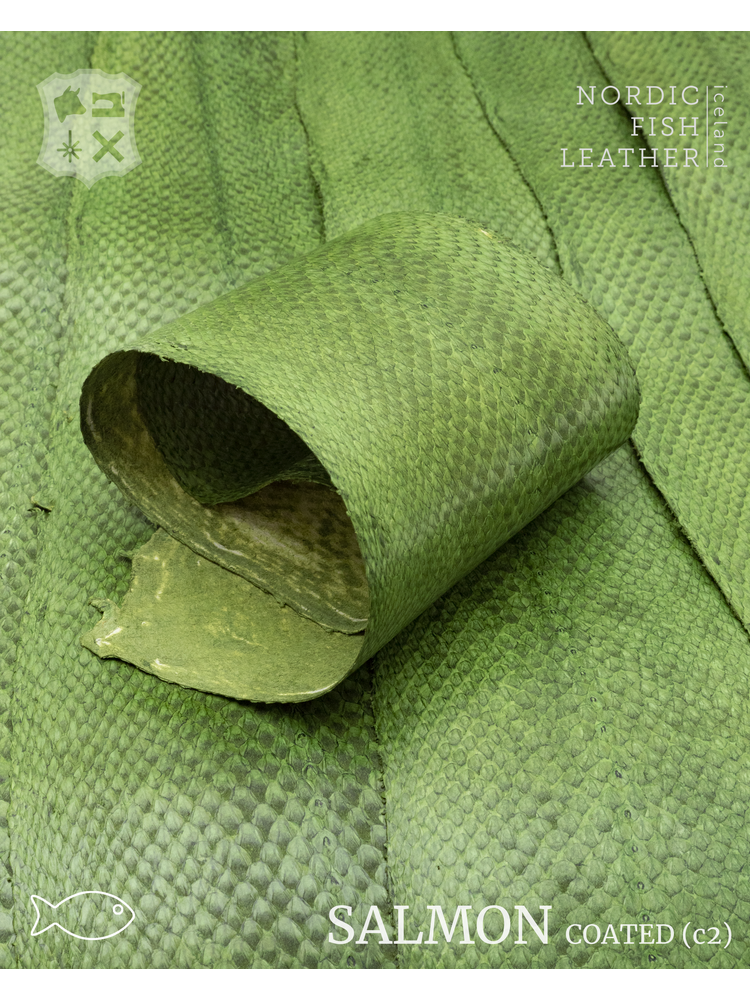 Nordic Fish Leather Zalm in de kleur Vor 984s (groen), gefinisht met zijdeglans, gesloten schubben