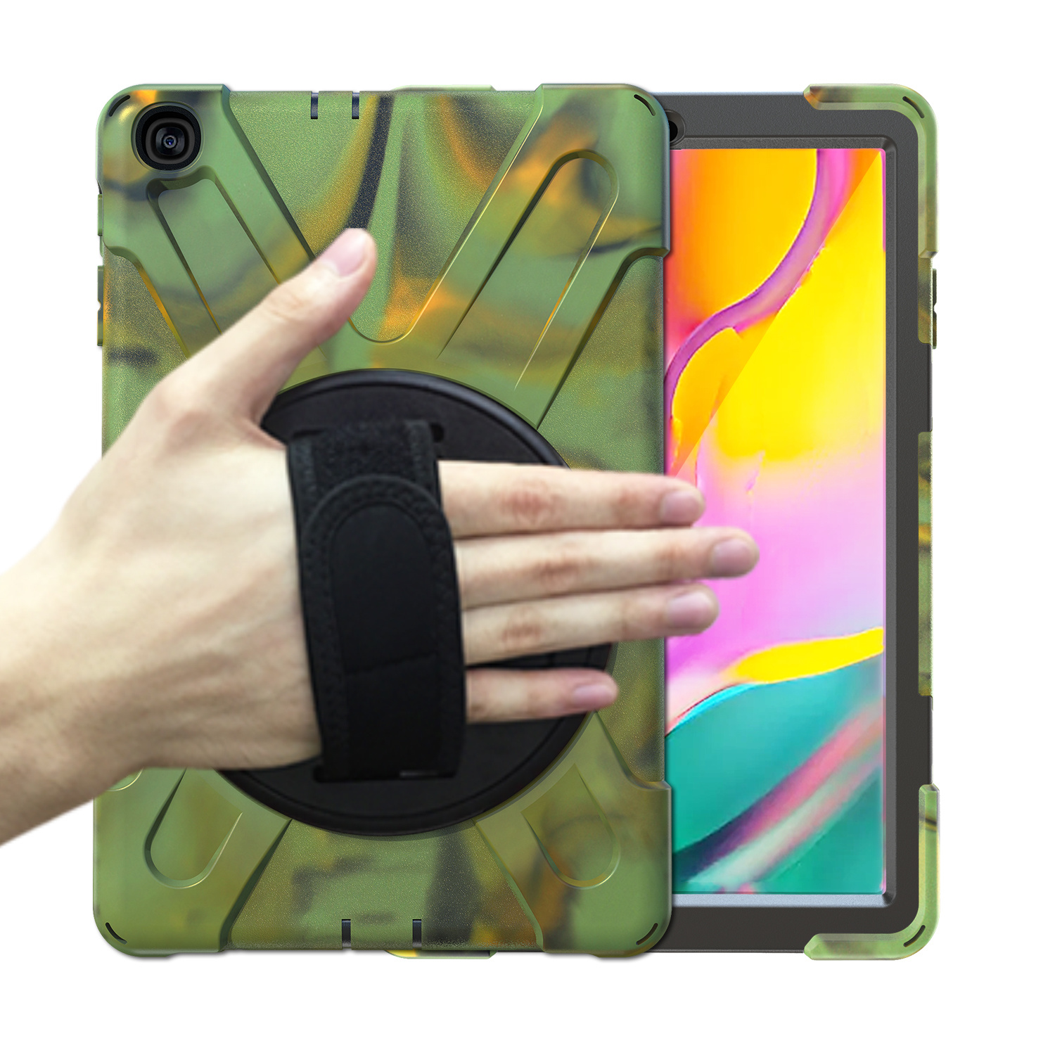 Samsung Galaxy Tab A 10.1 (2019) Cover - Hand Strap Armor Case - Camouflage afbeelding
