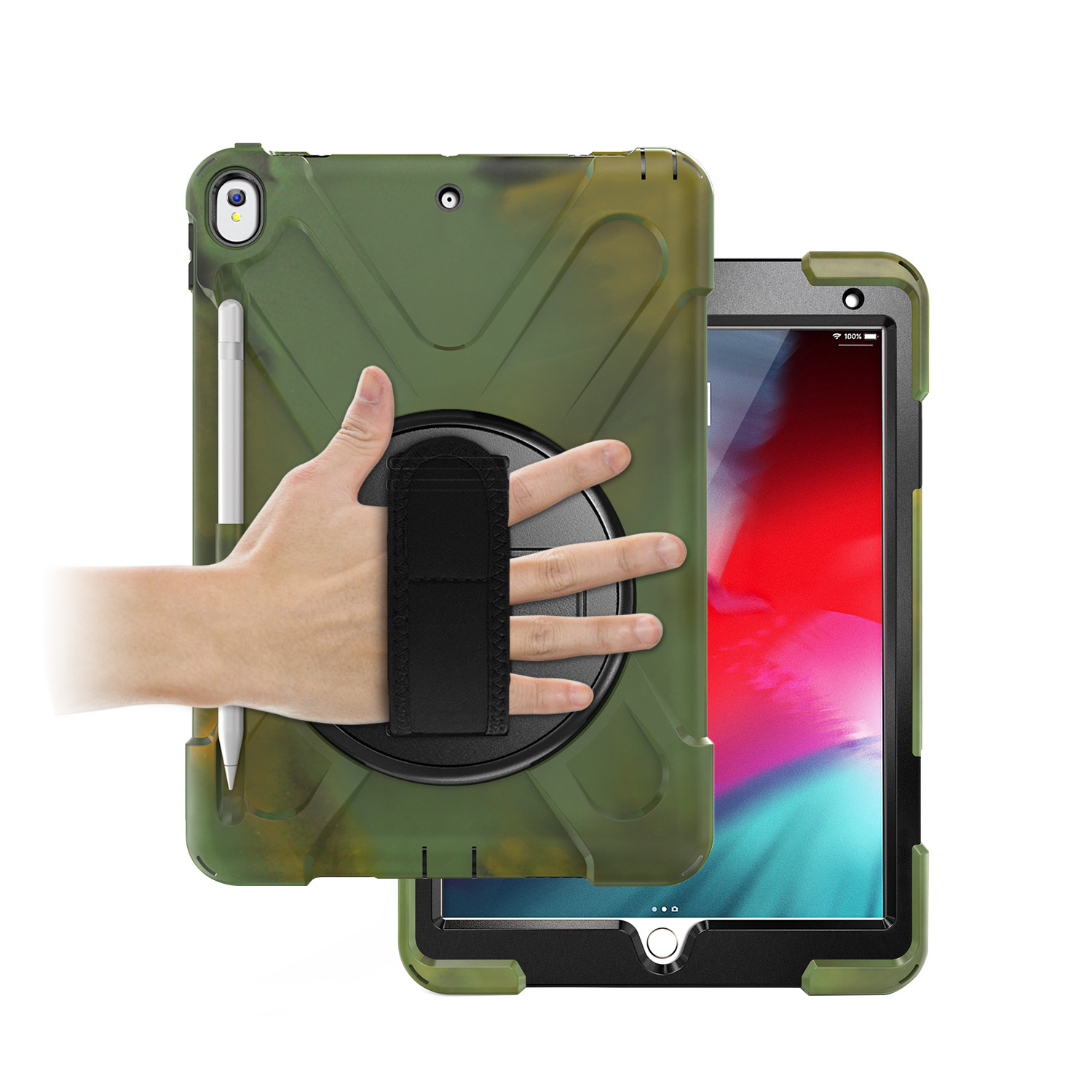 iPad 10.2 2019 / 2020 / 2021 Cover - Hand Strap Armor Case - Camouflage afbeelding