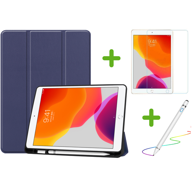 Case2go - Hoes voor de iPad 10.2 (2019 / 2020 / 2021) - Active Stylus Pen - Screenprotector - Donker Blauw