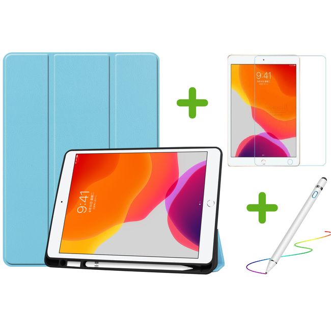 Case2go - Hoes voor de iPad 10.2 (2019 / 2020 / 2021) - Active Stylus Pen - Screenprotector - Licht Blauw