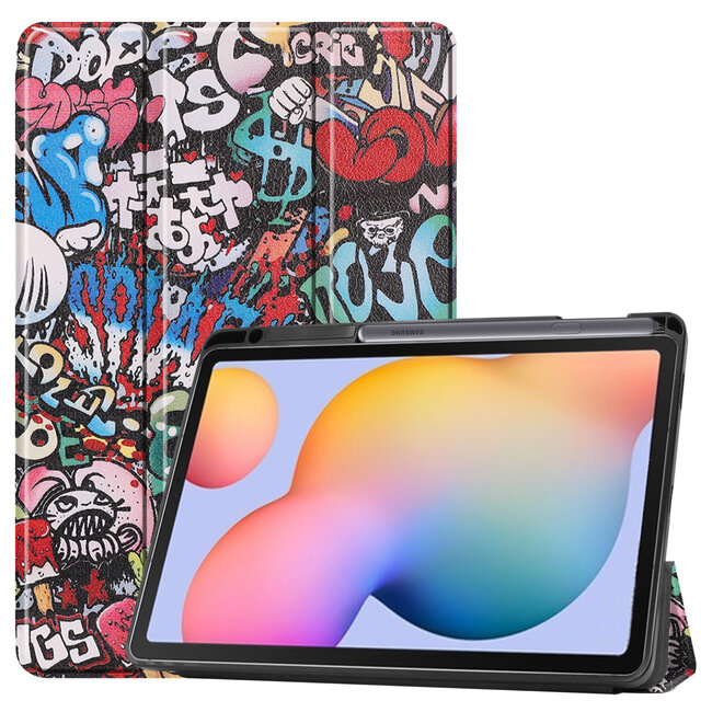 Case2go - Hoes voor de Samsung Galaxy Tab S6 Lite - Tri-Fold Book Case met Stylus Pen houder - Graffiti