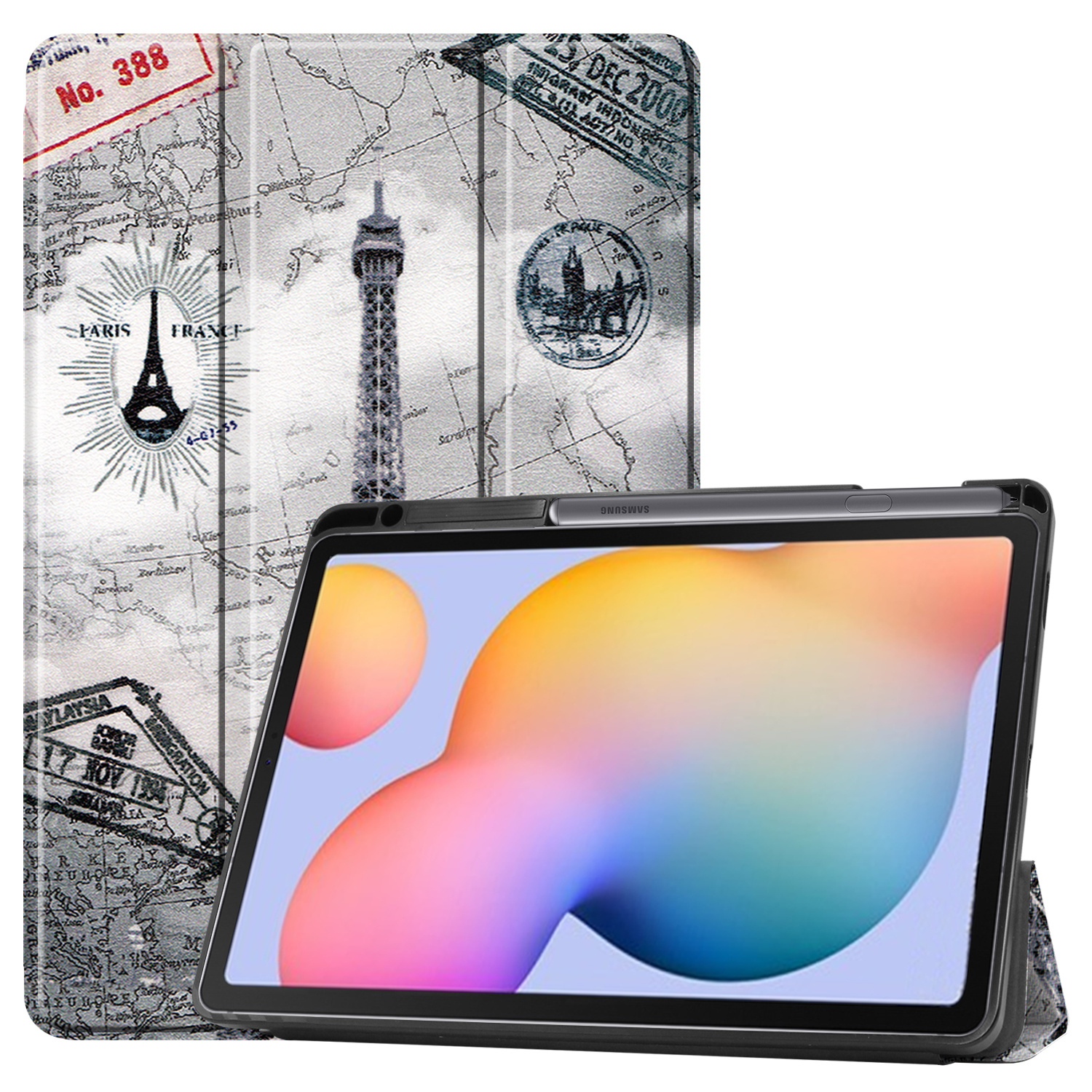 Samsung Galaxy Tab S6 Lite hoes - Tri-Fold Book Case met Stylus Pen houder - Eiffeltoren afbeelding