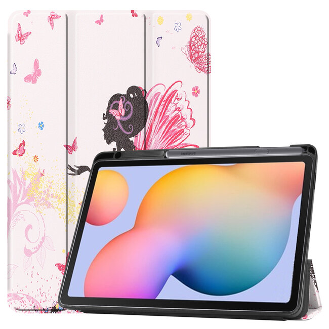 Case2go - Hoes voor de Samsung Galaxy Tab S6 Lite - Tri-Fold Book Case met Stylus Pen houder - Flower Fairy