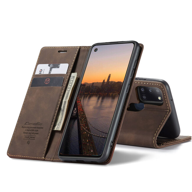CaseMe - Samsung Galaxy A21s hoesje - Wallet Book Case - Magneetsluiting - Donker Bruin