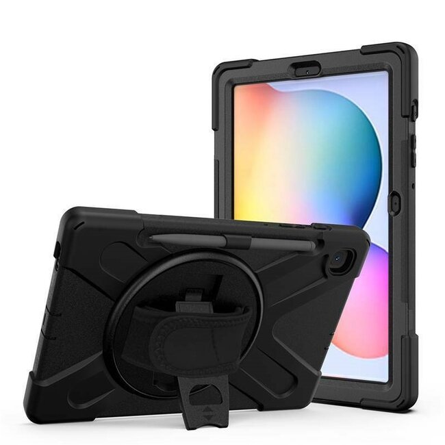 Case2go - Hoes voor Samsung Galaxy Tab S7 Plus - Hand Strap Armor Case Met Pencil Houder - Zwart