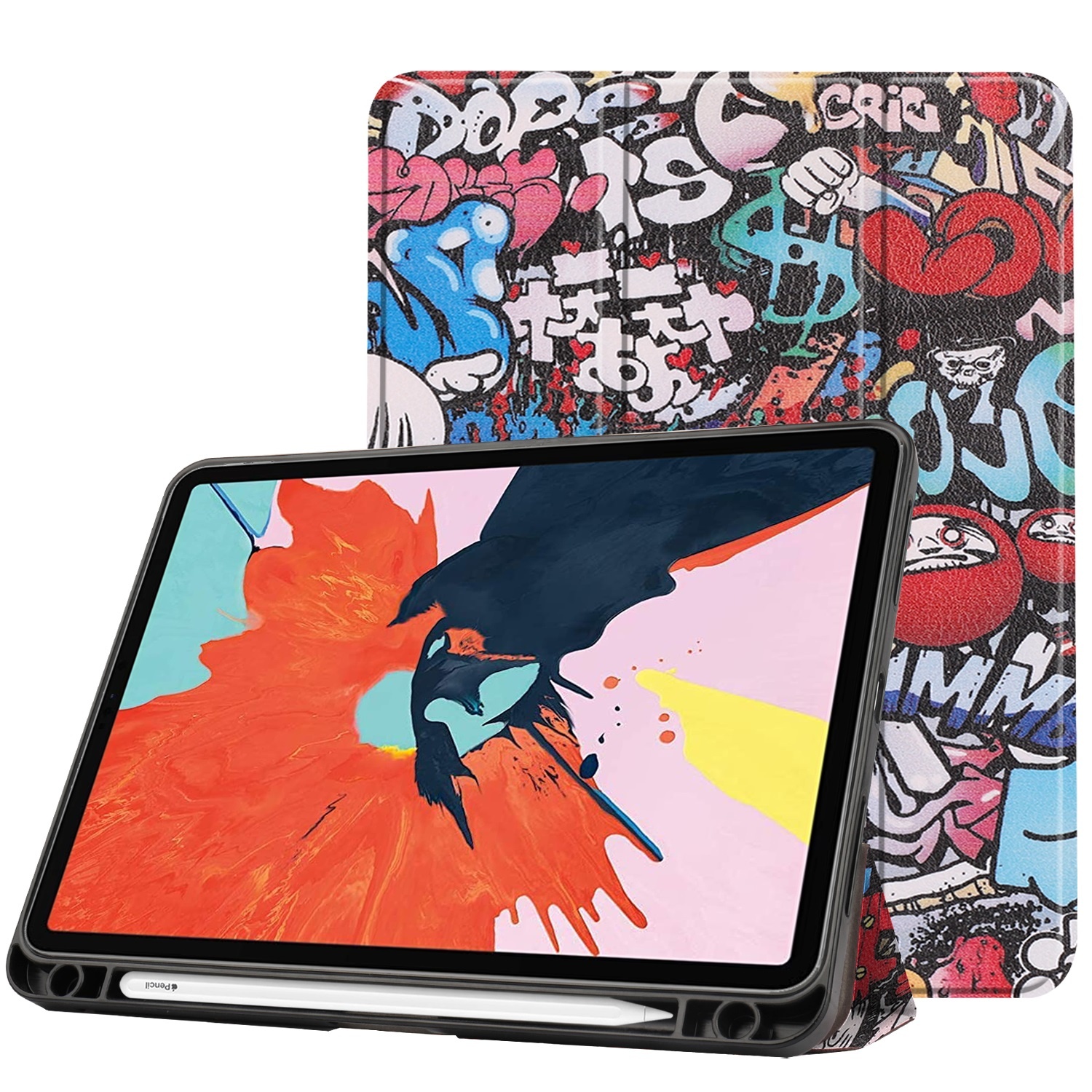iPad Hoes voor Apple iPad Air 2020 Hoes Cover - 10.9 inch - Tri-Fold Book Case - Apple Pencil Houder - Graffiti afbeelding
