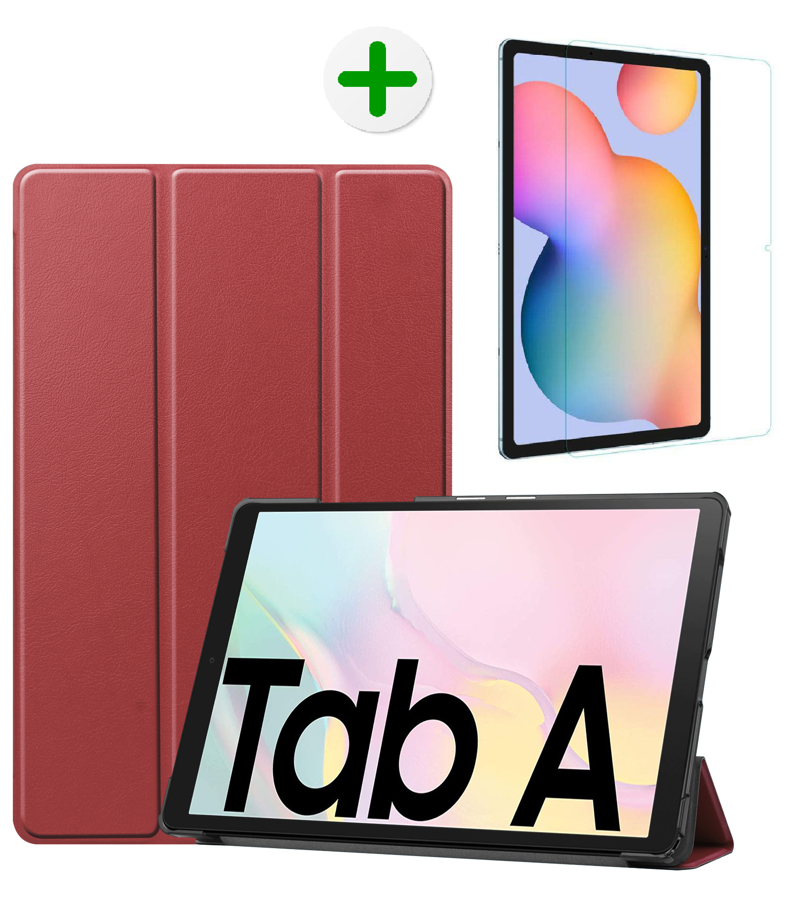 Samsung Galaxy Tab A7 Hoes en Screenprotector - Tri-fold Book Case en Tempered Glass Cover - 10.4 inch - Donker Rood afbeelding