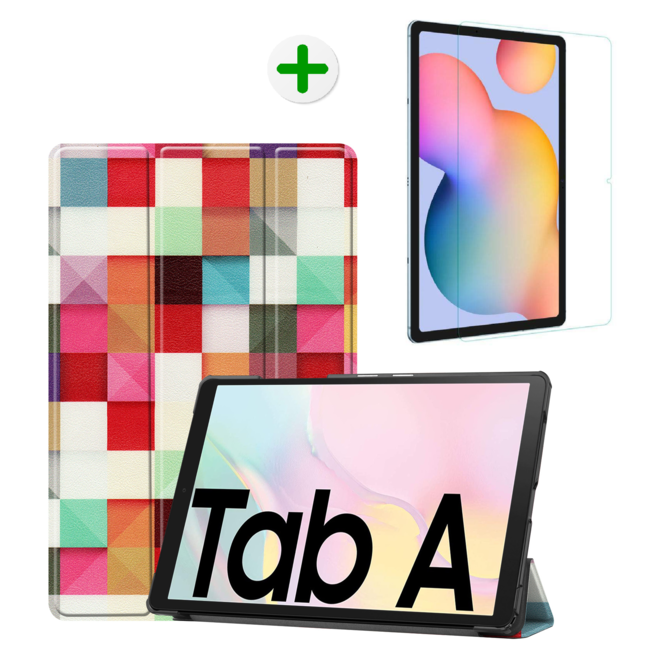 Case2go - Hoes en screenprotector voor de Samsung Galaxy Tab A7 - Tri-fold Book Case en Tempered Glass Cover - 10.4 inch - Blocks