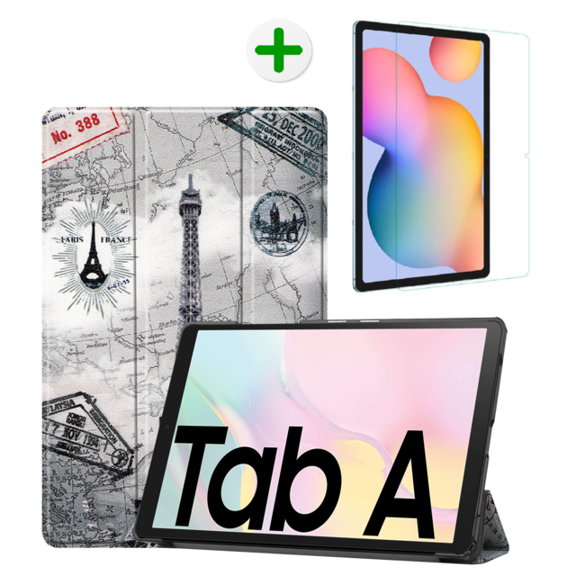 Case2go - Hoes en screenprotector voor de Samsung Galaxy Tab A7 - Tri-fold Book Case en Tempered Glass Cover - 10.4 inch - Eiffeltoren