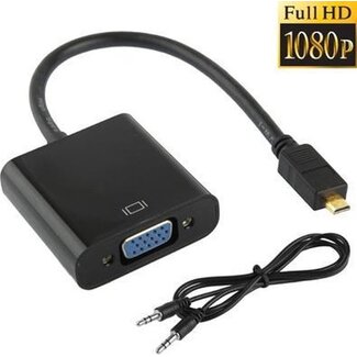 Case2go Micro HDMI naar VGA Adapter Kabel met Audioaansluiting - 25 cm - 1080p Full HD - Zwart