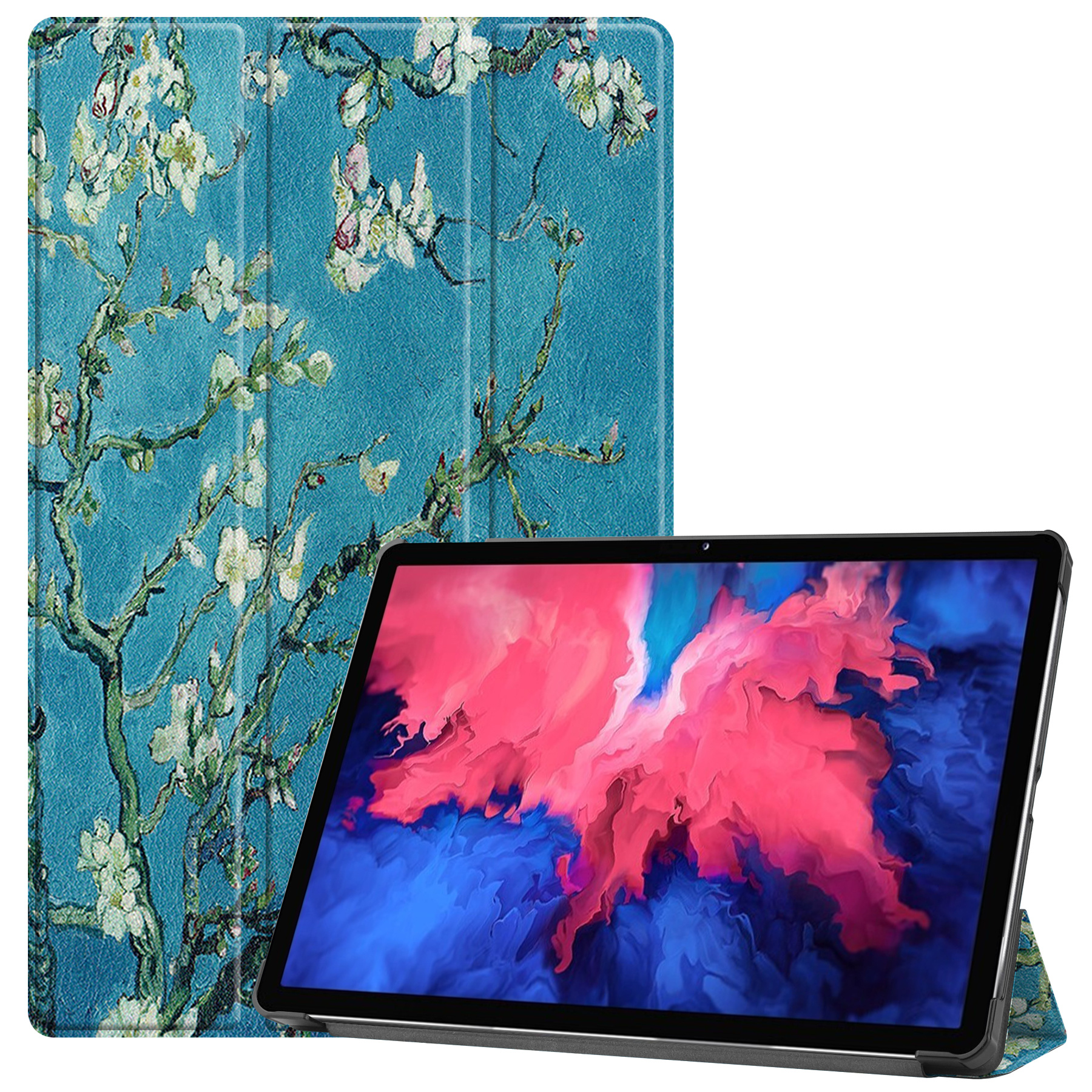 Lenovo Tab P11 Hoes - 11 Inch - Tri-Fold Book Case - Auto Sleep/Wake Functie - Witte Bloesem afbeelding