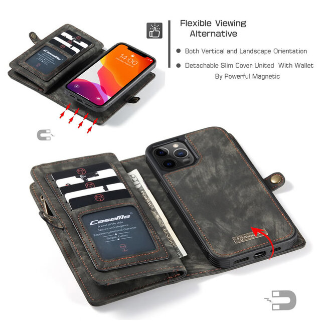 CaseMe - iPhone 12 Pro Max hoesje - 2 in 1 Wallet Book Case - Zwart
