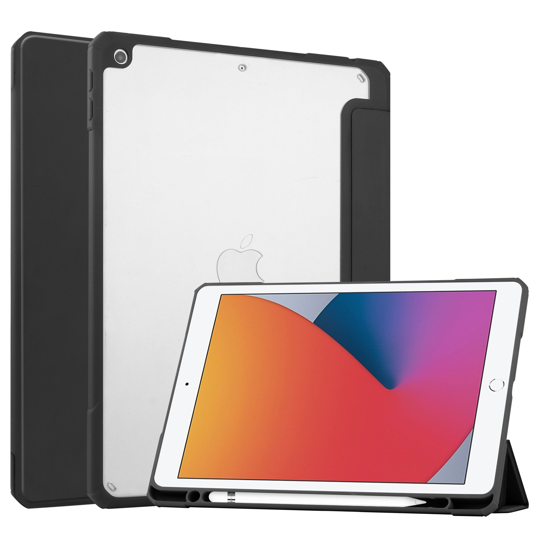 iPad 10.2 (2019 / 2020 / 2021) Hoes - Transparante Case - Tri-fold Back Cover - Zwart afbeelding