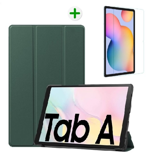 Samsung Galaxy Tab A7 Hoes en Screenprotector - Tri-fold Book Case en Tempered Glass Cover - 10.4 inch - Donker Groen afbeelding