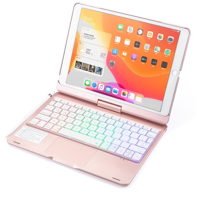 iPad 10.2 2019 / 2020 / 2021 case - QWERTY - Bluetooth Toetsenbord hoes - met Touchpad & Toetsenbord verlichting - 360 graden draaibaar - Rose Goud