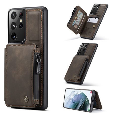 CaseMe - Samsung Galaxy S21 Ultra Hoesje - Back Cover - met RFID Pasjeshouder - Donker Bruin afbeelding