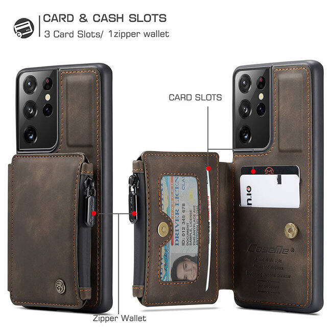CaseMe - Samsung Galaxy S21 Ultra Hoesje - Back Cover - met RFID Pasjeshouder - Donker Bruin