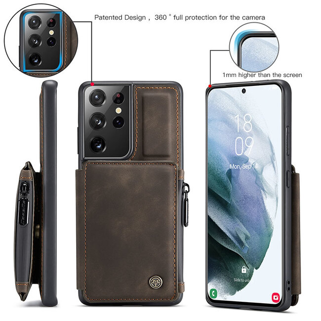 CaseMe - Samsung Galaxy S21 Ultra Hoesje - Back Cover - met RFID Pasjeshouder - Donker Bruin