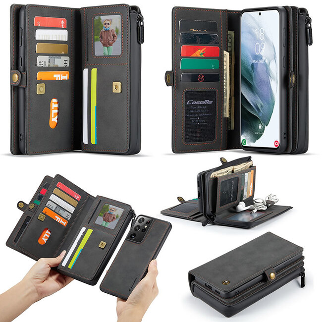 CaseMe - Samsung Galaxy S21 Ultra Hoesje - Back Cover en Wallet Book Case - Multifunctioneel - Zwart