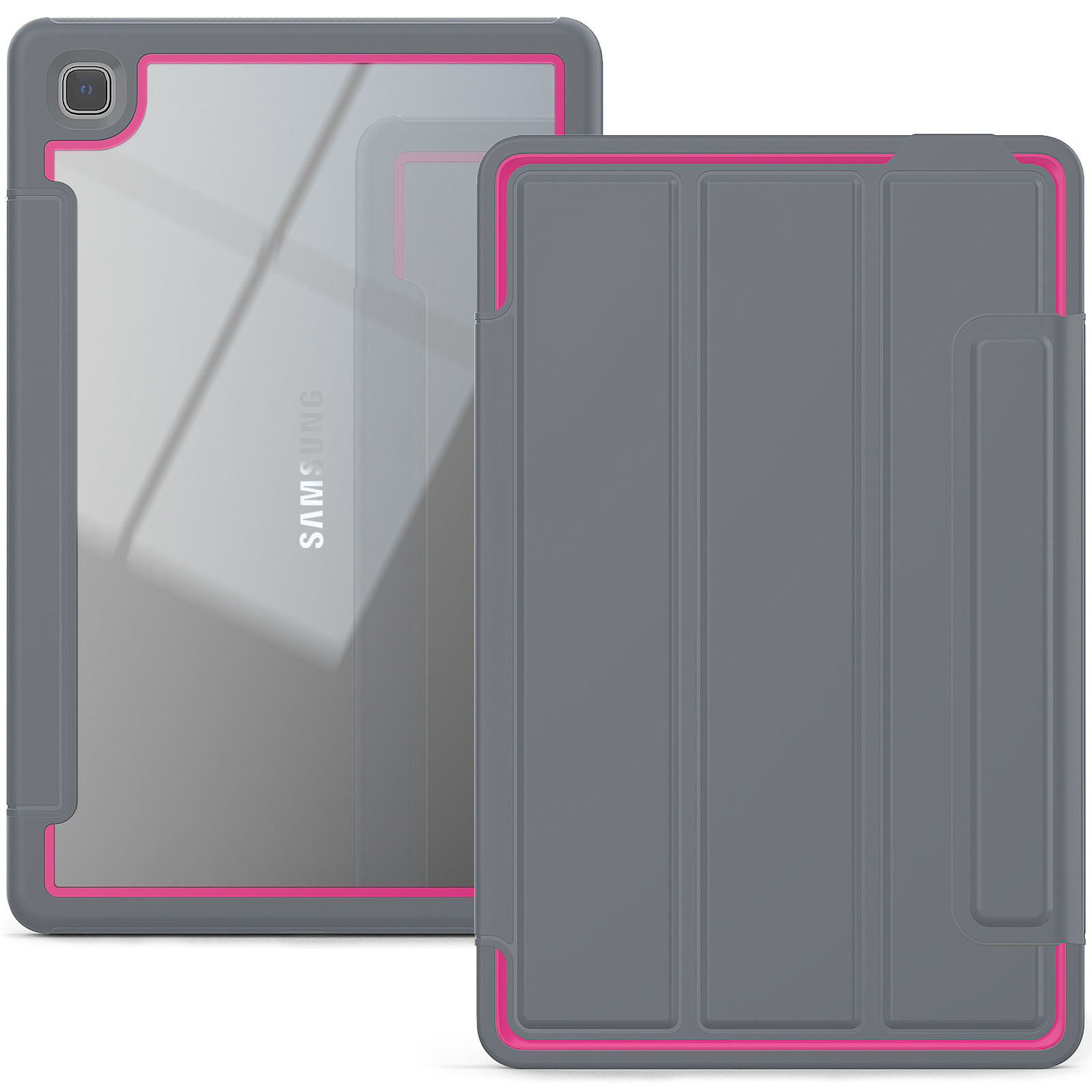 Samsung Galaxy Tab A7 (2020) Hoes - Tri-Fold Book Case met Transparante Back Cover en Pencil Houder - 10.4 Inch - Roze/Grijs afbeelding
