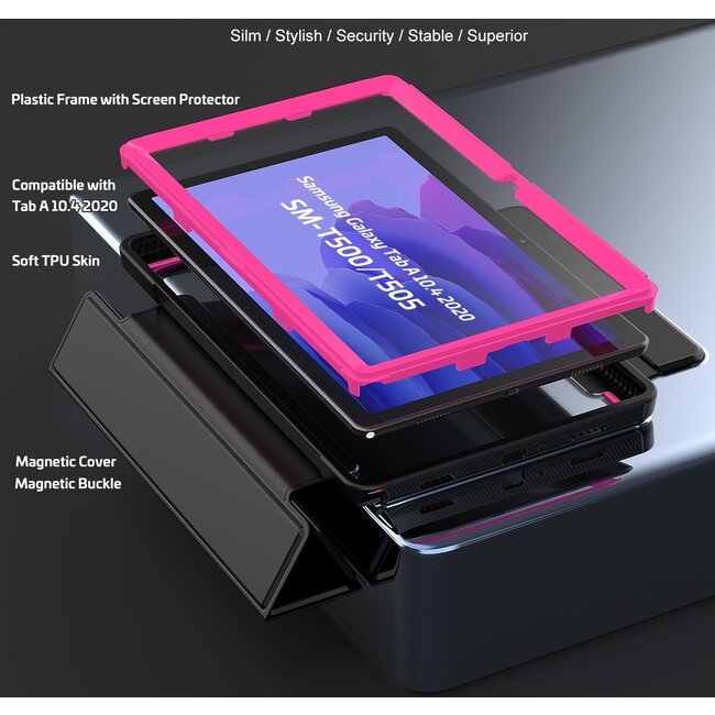 Case2go - Hoes voor Samsung Galaxy Tab A7 (2020) - Tri-Fold Book Case met Transparante Back en Pencil Houder - 10.4 Inch - Roze/Zwart