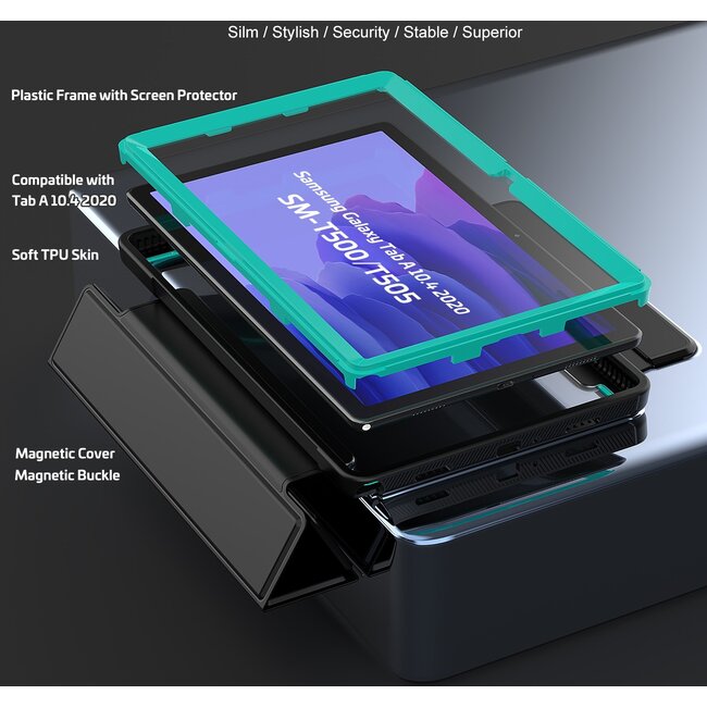 Case2go - Hoes voor Samsung Galaxy Tab A7 (2020) - Tri-Fold Book Case met Transparante Back en Pencil Houder - 10.4 Inch - Licht Blauw/Zwart