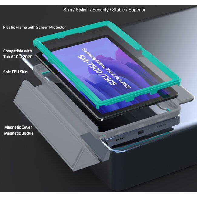 Case2go - Hoes voor Samsung Galaxy Tab A7 (2020) - Tri-Fold Book Case met Transparante Back en Pencil Houder - 10.4 Inch - Licht Blauw/Grijs