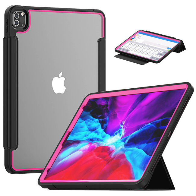 Case2go - Hoes voor Apple iPad Pro 12.9 (2018/2020) - Tri-Fold Book Case met Transparante Back en Pencil Houder - Roze/Zwart