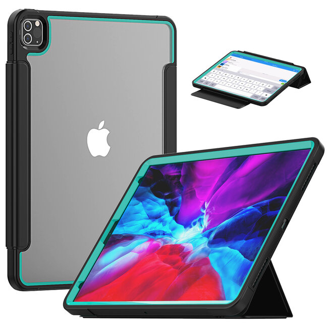 Case2go - Hoes voor Apple iPad Pro 12.9 (2018/2020) - Tri-Fold Book Case met Transparante Back en Pencil Houder - Licht Blauw/Zwart