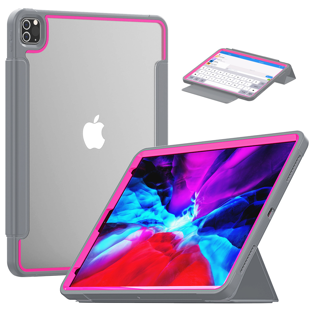 Apple iPad Pro 12.9 (2018/2020) Hoes - Tri-Fold Book Case met Transparante Back Cover en Pencil Houder - Roze/Grijs afbeelding