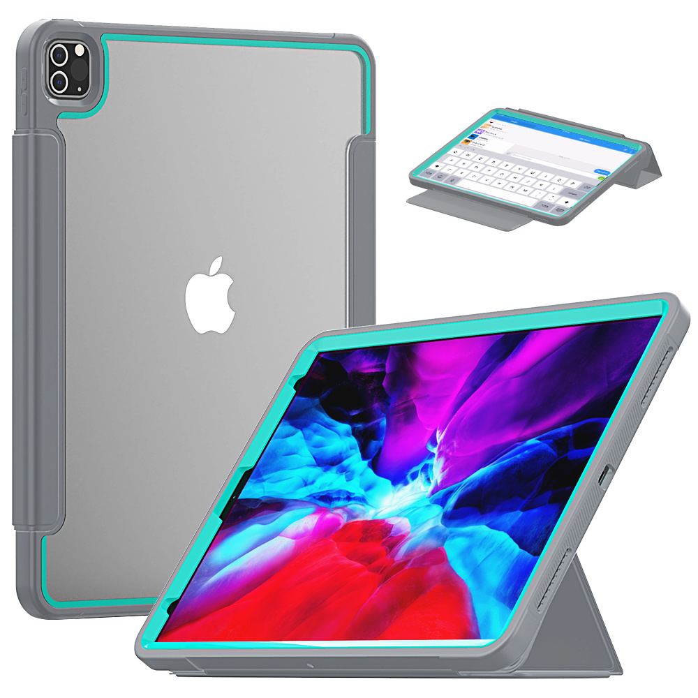 Apple iPad Pro 12.9 (2018/2020) Hoes - Tri-Fold Book Case met Transparante Back Cover en Pencil Houder - Licht Blauw/Grijs afbeelding