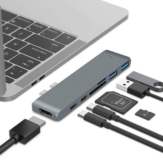 Case2go USB C Hub - USB C Adapter - HDMI - 2x USB-C - SD Kaartlezers - 2x USB - Docking Station - Grijs