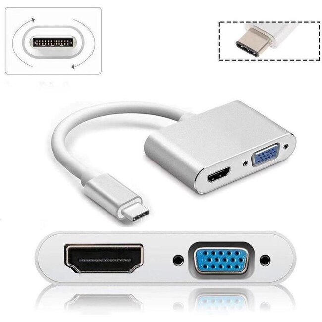 USB-C naar HDMI + VGA Adapter - USB-C Hub - 20 cm - Zilver