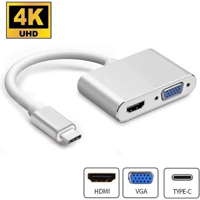 USB-C naar HDMI + VGA Adapter - USB-C Hub - 20 cm - Zilver