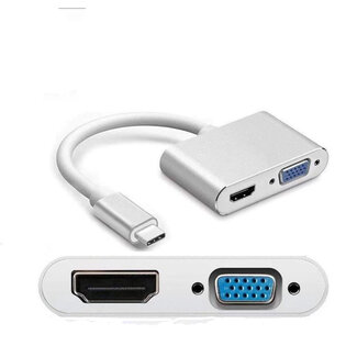 Case2go USB-C naar HDMI + VGA Adapter - USB-C Hub - 20 cm - Zilver