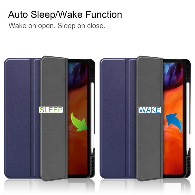 Case2go - Hoes voor de Apple iPad Pro 12.9 inch (2021) - Tri-Fold Book Case - met Apple Pencil Houder - Donker Blauw