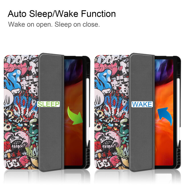 Case2go - Hoes voor de Apple iPad Pro 12.9 inch (2021) - Tri-Fold Book Case - met Apple Pencil Houder - Graffiti