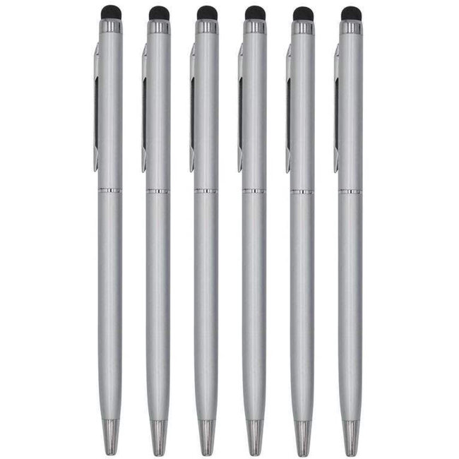 6 Stuks - Touch Pen - 2 in 1 Stylus Pen voor smartphone en tablet - Metaal - Zilver