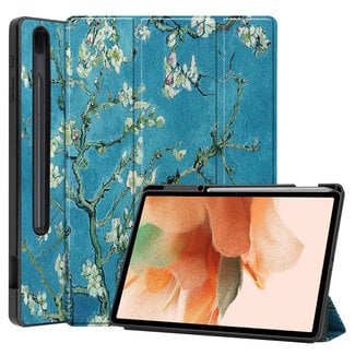 Case2go Samsung Galaxy Tab S7 FE Hoes - 12.4 inch - Tri-Fold Book Case - Met Pencil Houder - Witte Bloesem