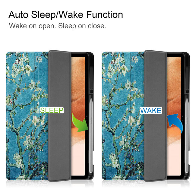 Case2go - Hoes voor de Samsung Galaxy Tab S7 FE - 12.4 inch - Tri-Fold Book Case - Met Pencil Houder - Witte Bloesem