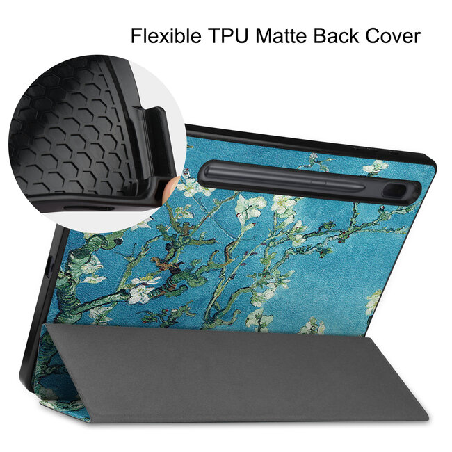 Case2go - Hoes voor de Samsung Galaxy Tab S7 FE - 12.4 inch - Tri-Fold Book Case - Met Pencil Houder - Witte Bloesem