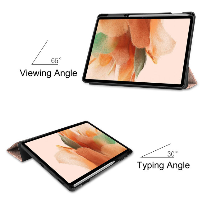 Case2go - Hoes voor de Samsung Galaxy Tab S7 FE - 12.4 inch - Tri-Fold Book Case - Met Pencil Houder - Rosé-Goud